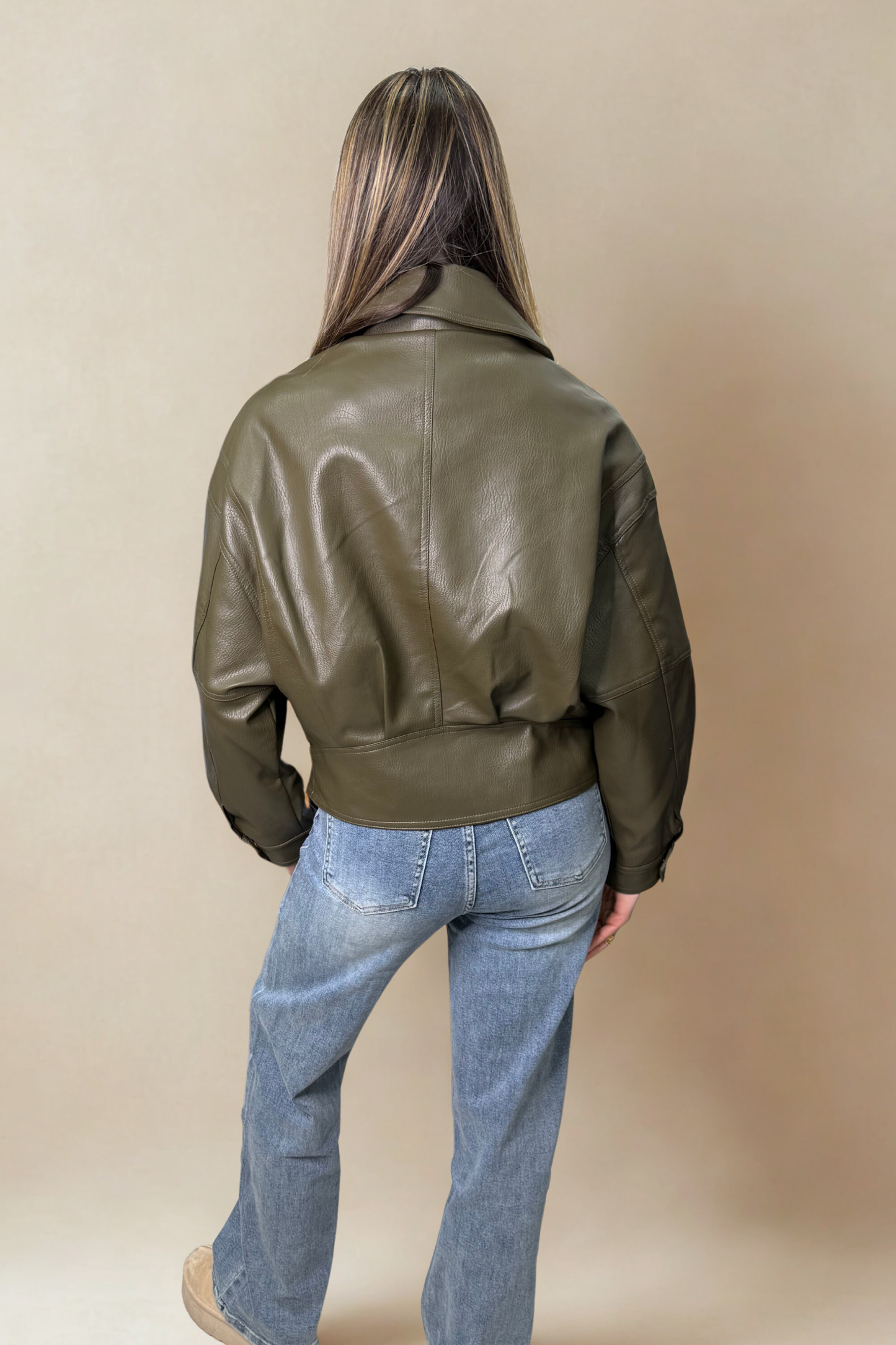 Khaki Faux Leather Jacket with Gold Press Stud Details