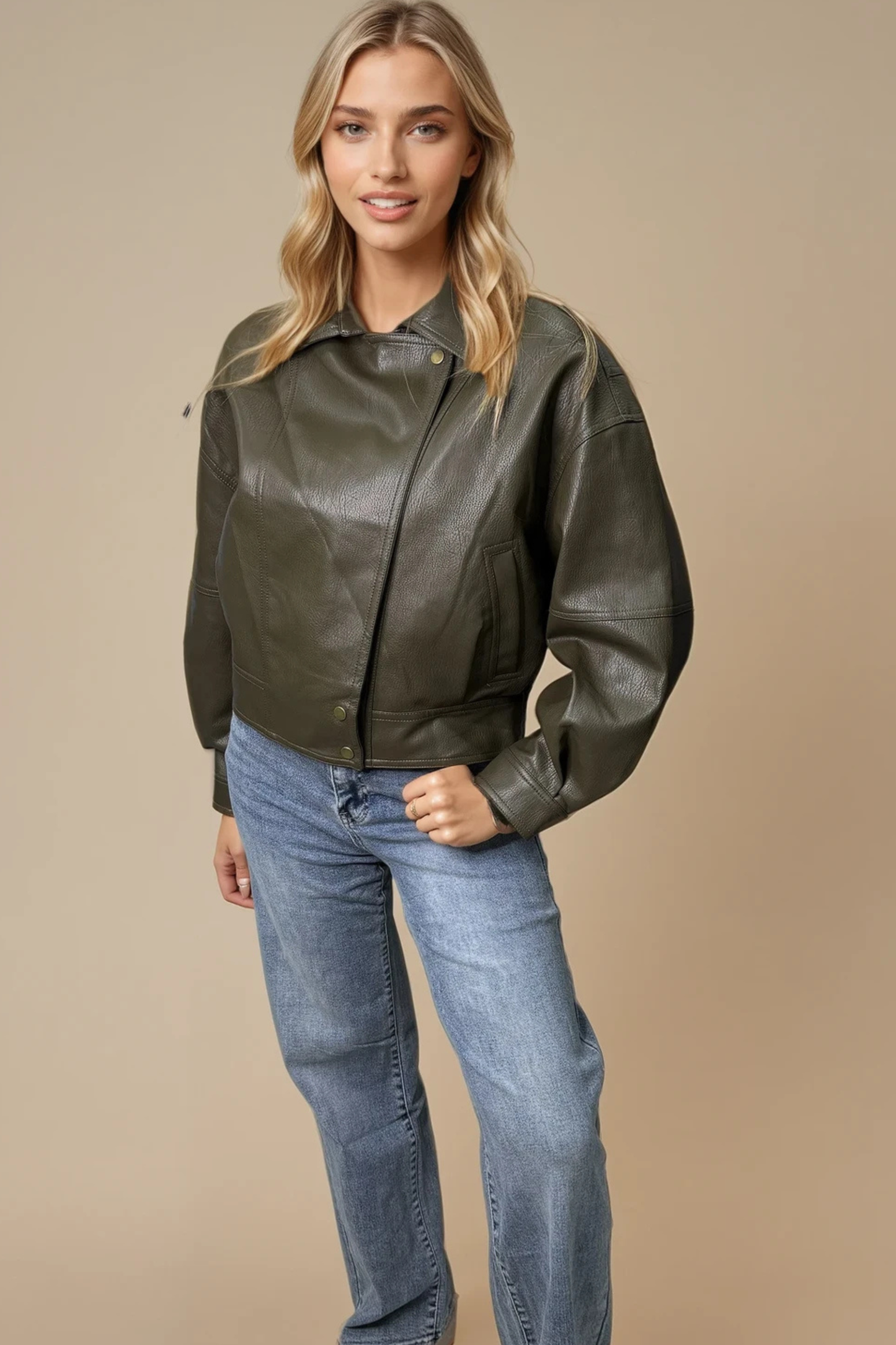 Khaki Faux Leather Jacket with Gold Press Stud Details