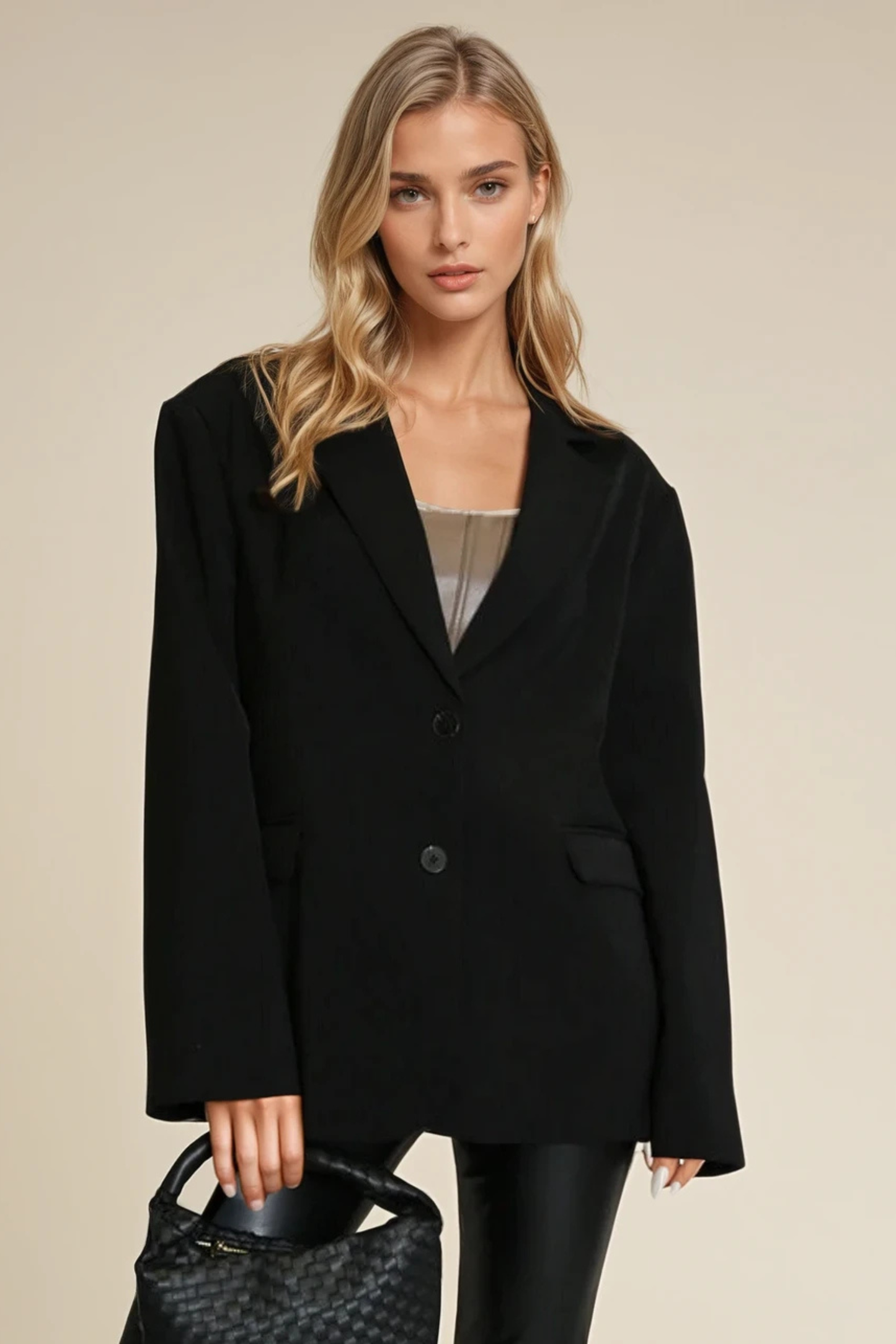 Black Boxy Blazer with Button Fastening