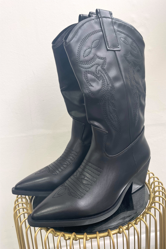 Black faux leather cowboy boots