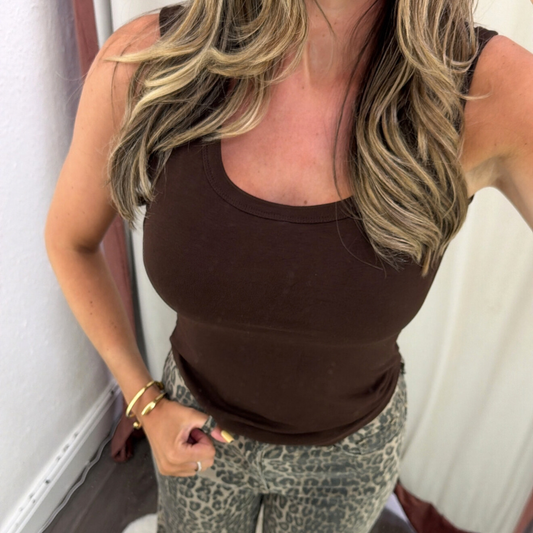 Brown ribbed square neck top