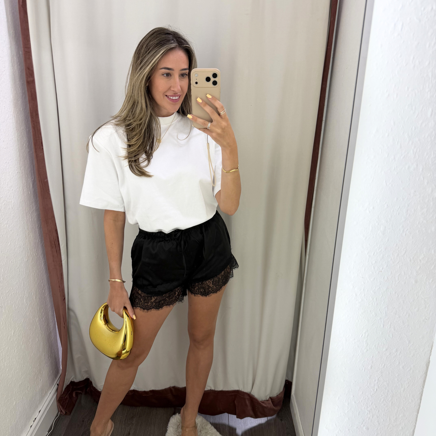 Black Lace Trim Satin Shorts