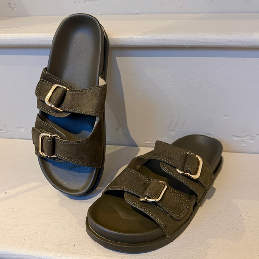 Khaki Buckle Slide Sandals