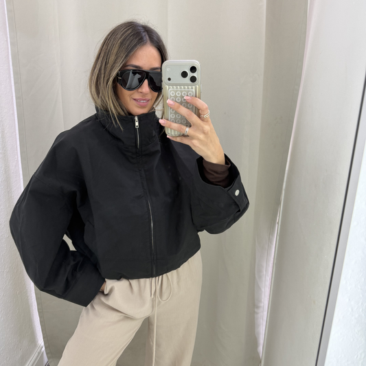 Cropped oversized black windbreaker jacket