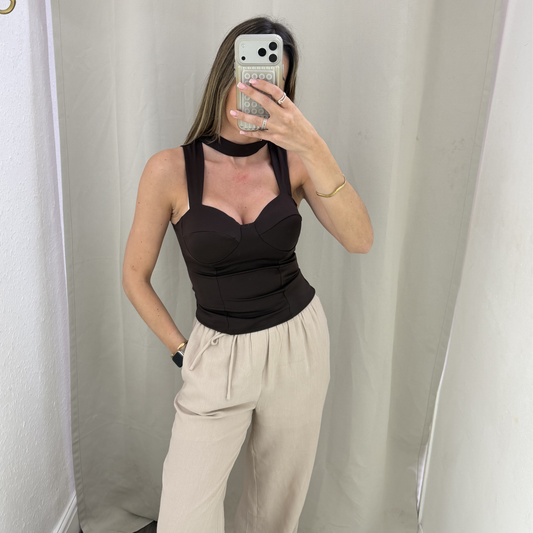 Chocolate Sculpt Corset Top with Detachable Scarf Detail