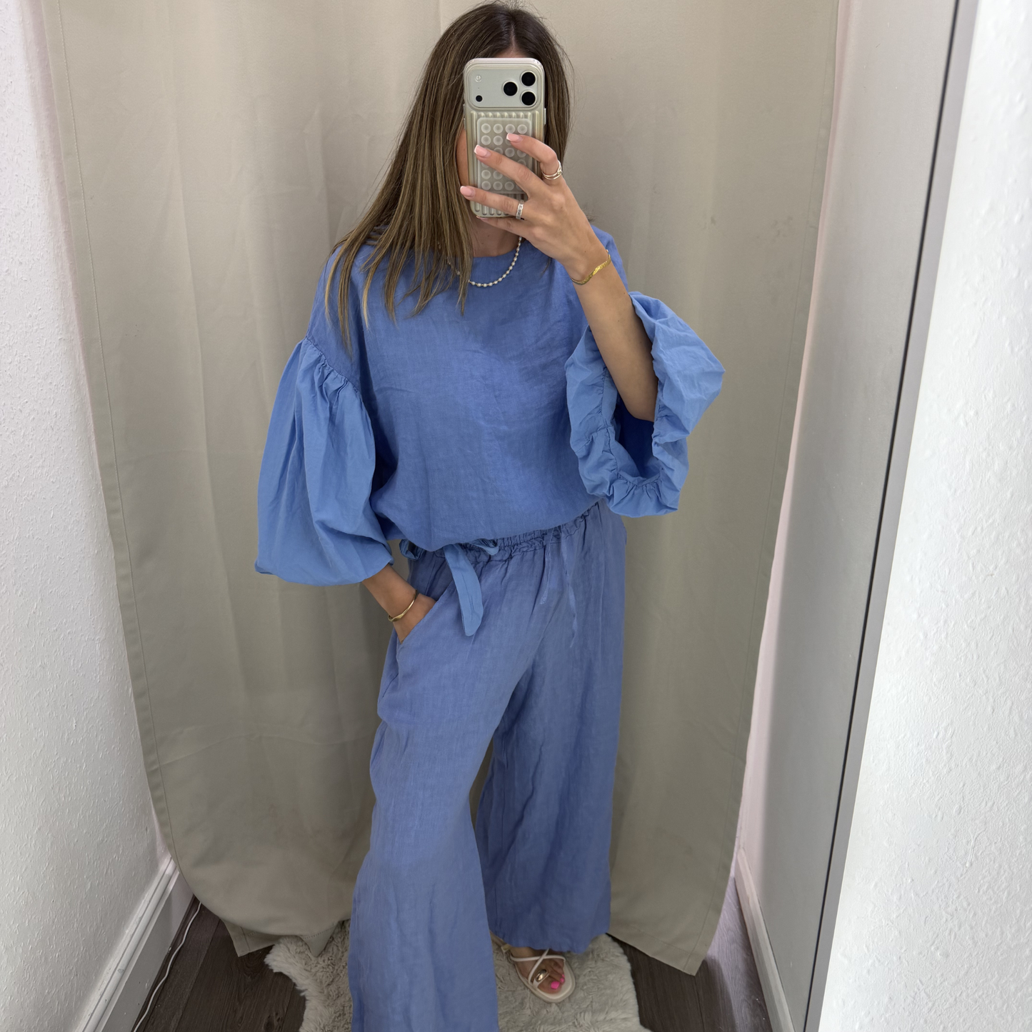 Blue Linen Blend Trousers with Elasticated Waist