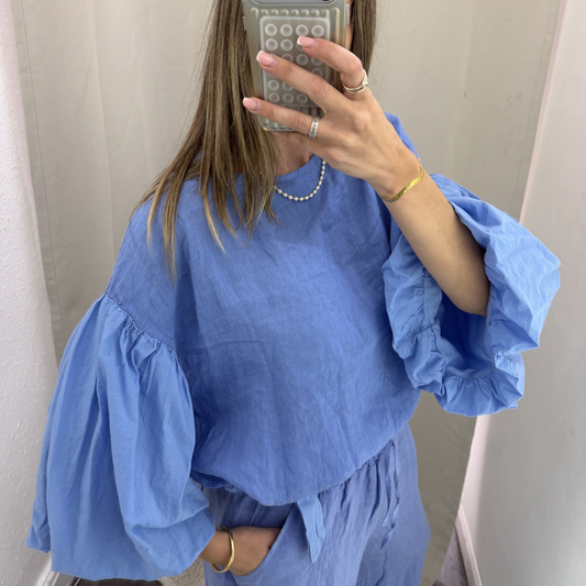 Blue Linen Blend Top with Functional Tie Waist