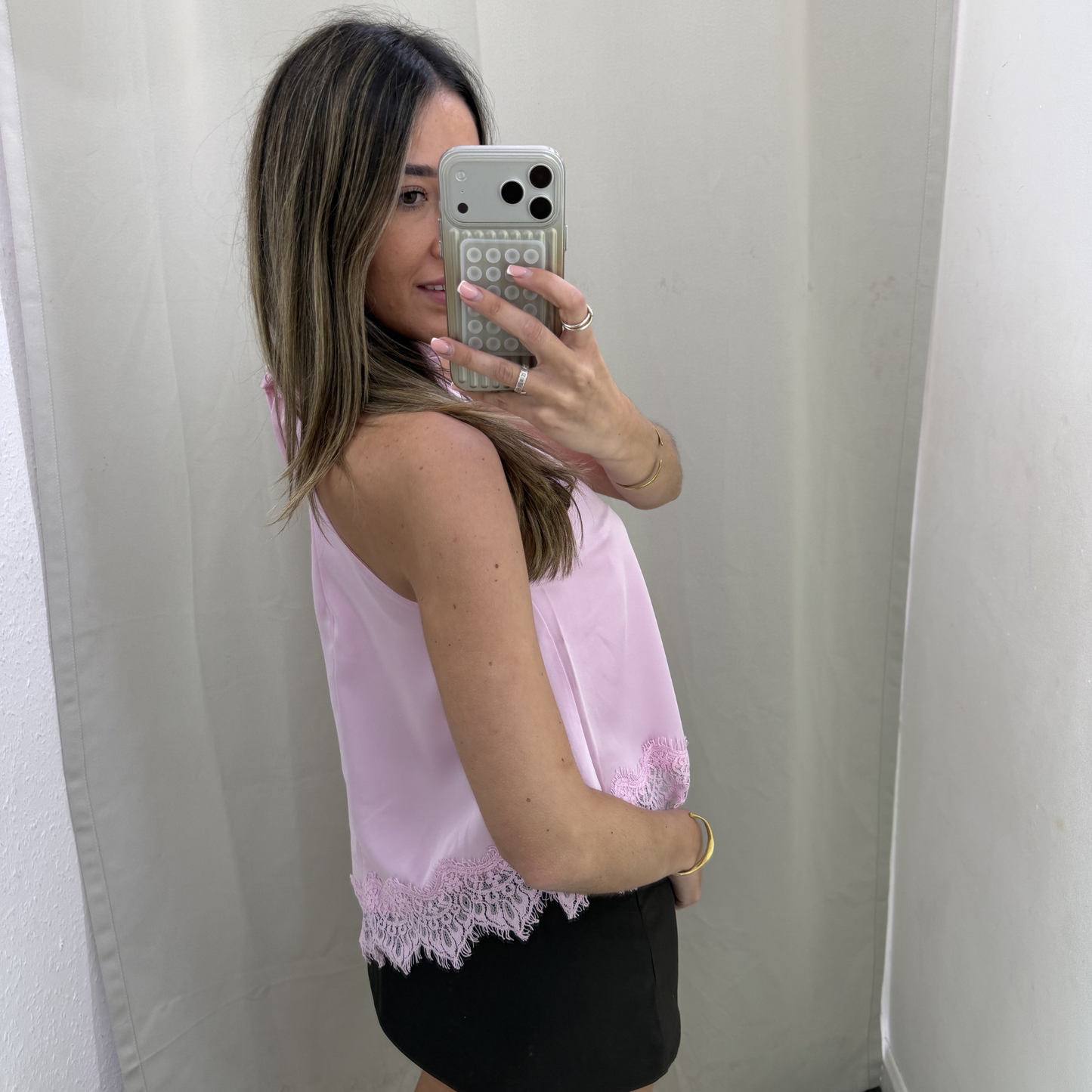 Blush Pink High Neck Lace Hem Top