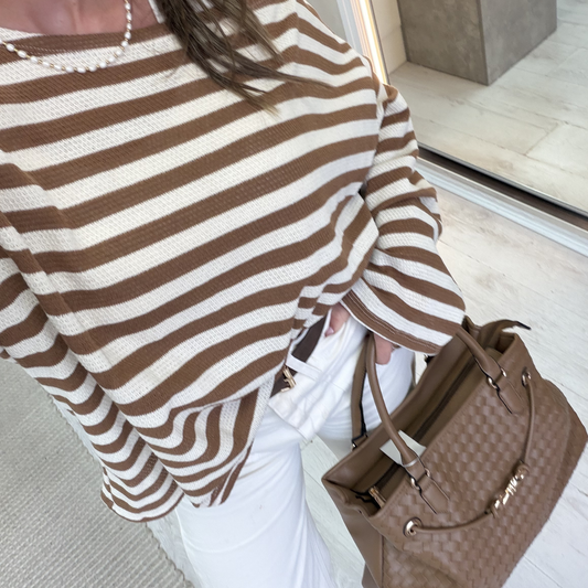 Cream & camel stripe knit top