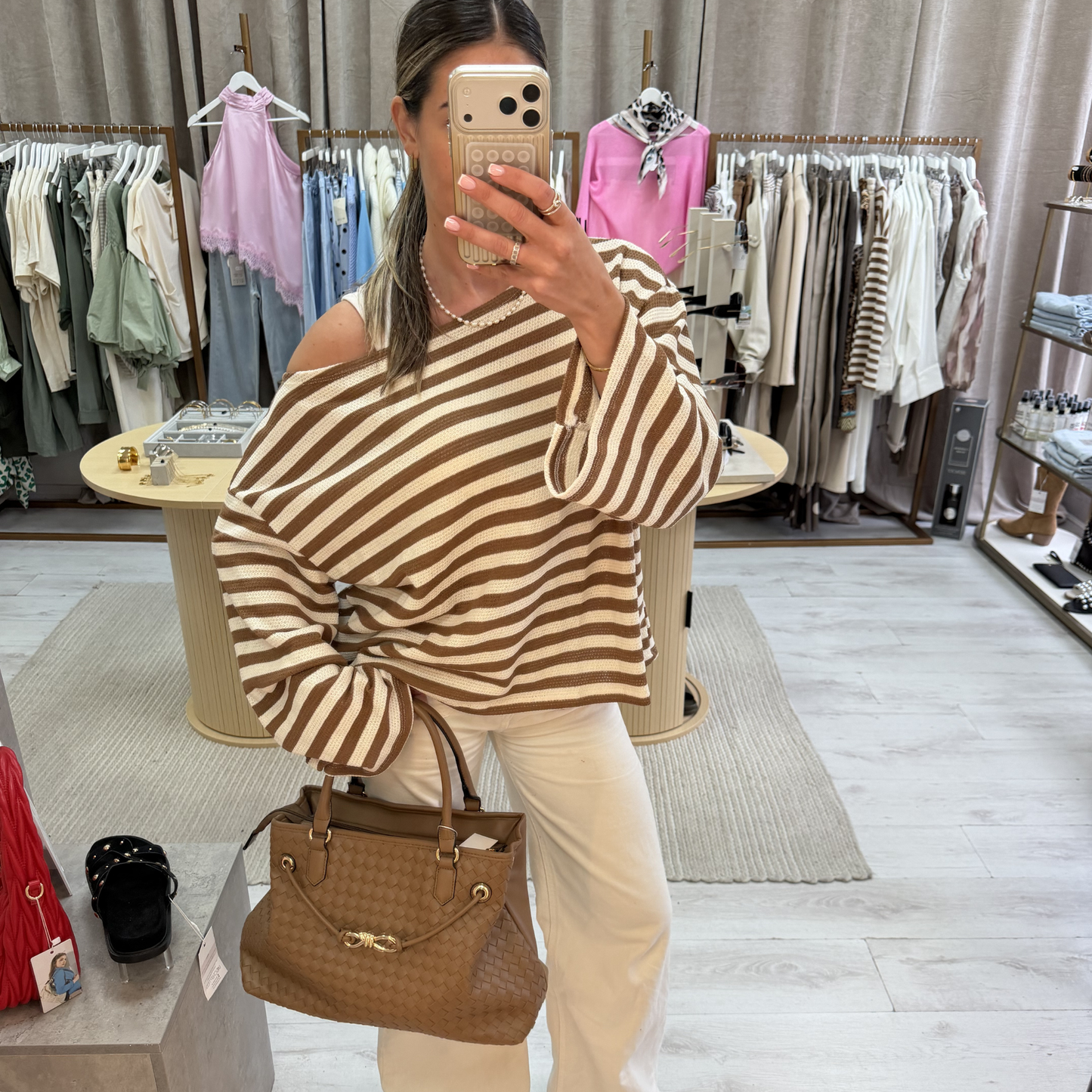 Cream & camel stripe knit top