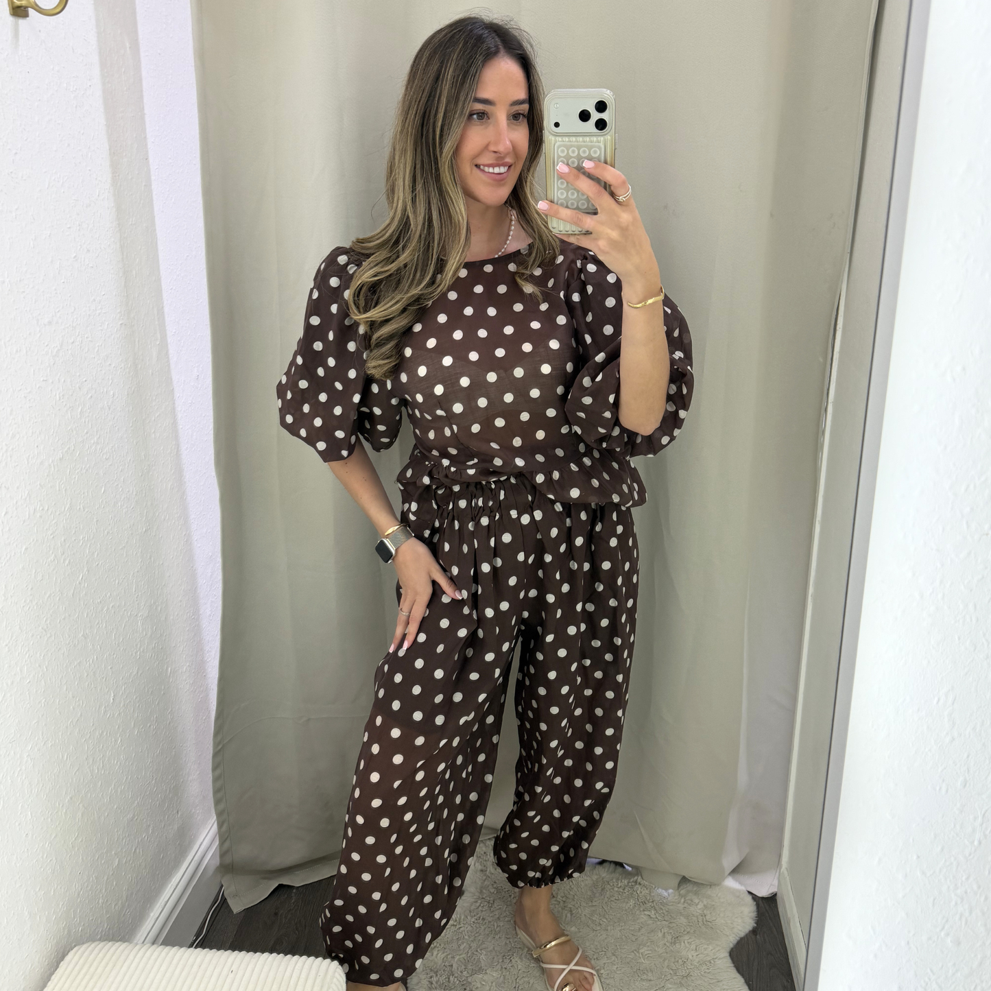 Polka Dot Peplum Top- brown/black