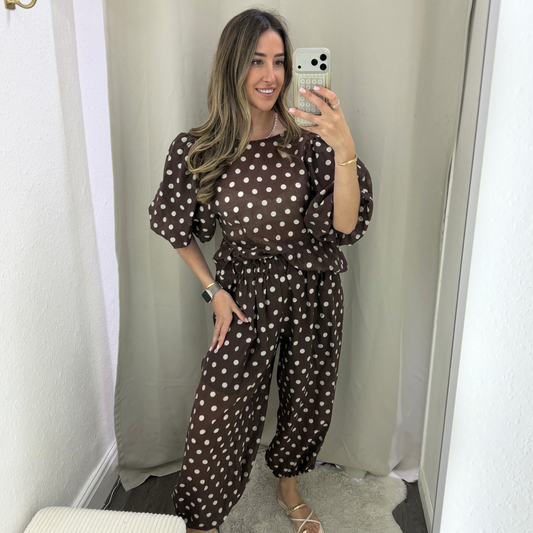Polka Dot Peplum Top- brown/black