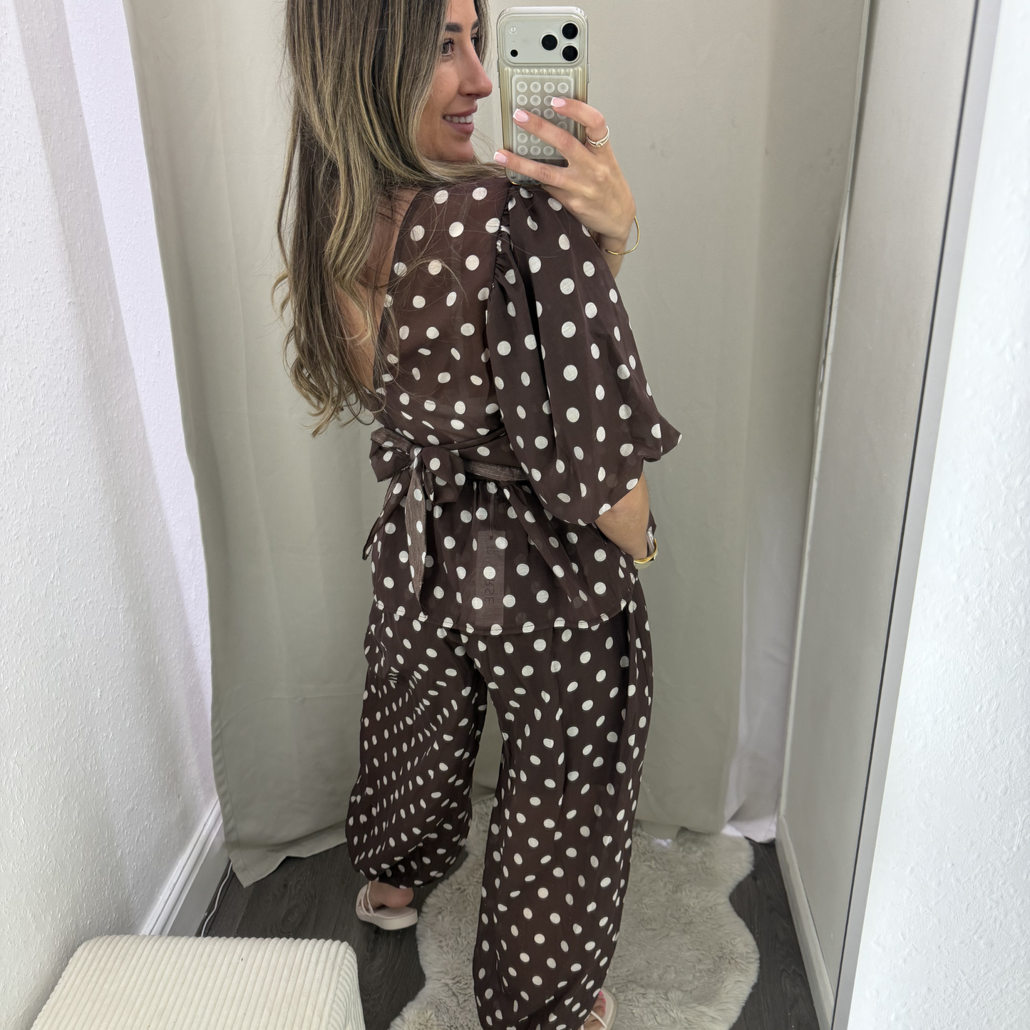 Polka Dot Peplum Top- brown/black