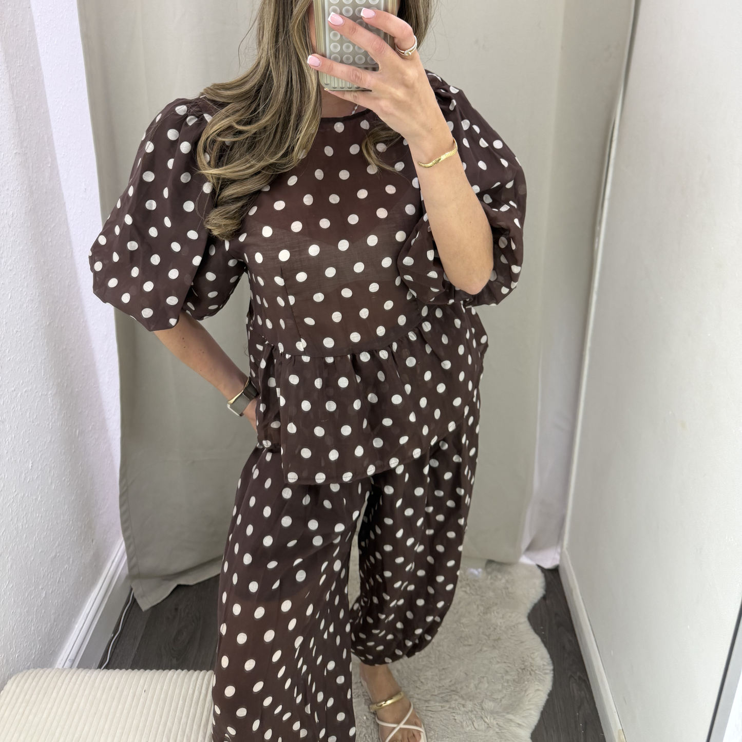 Polka Dot Peplum Top- brown/black