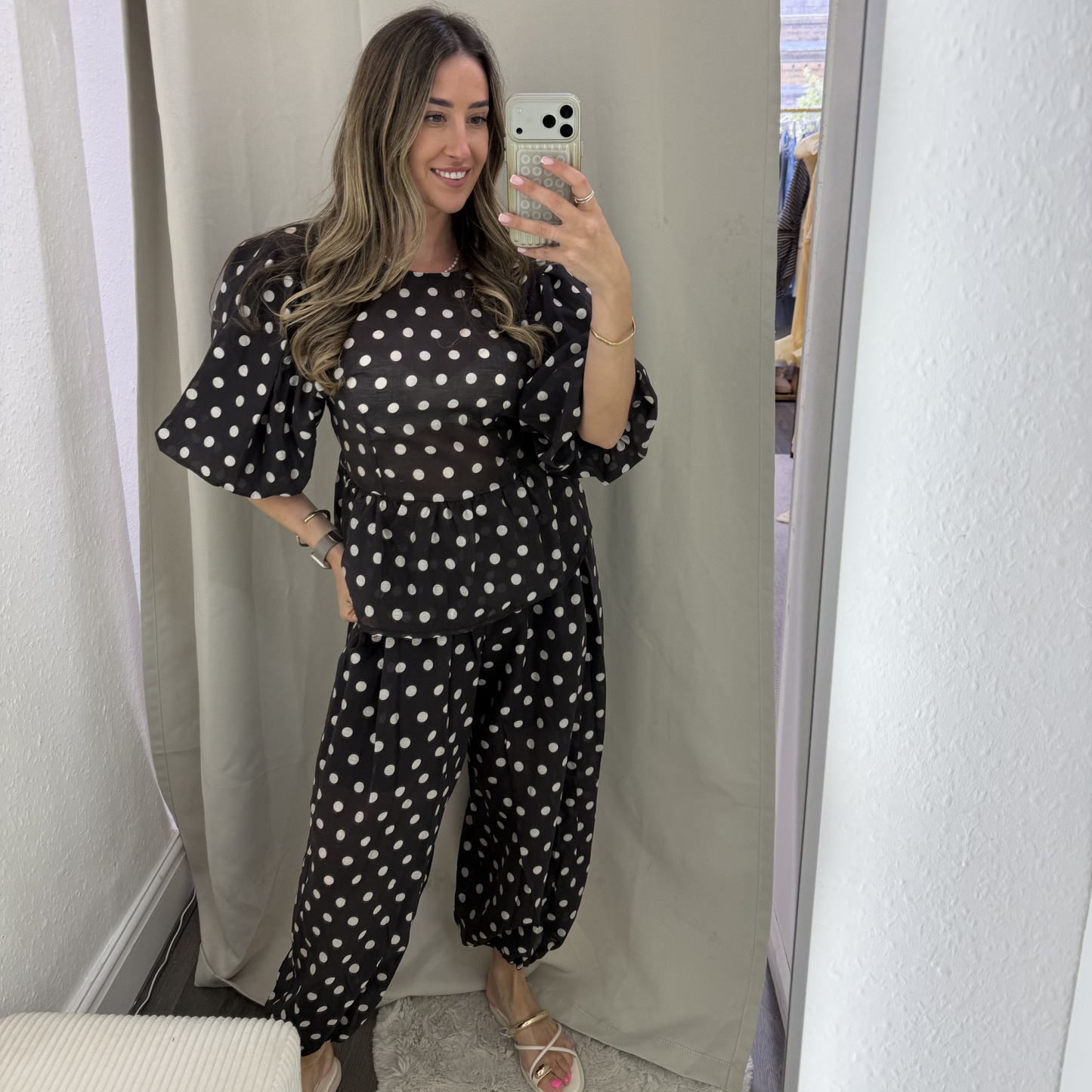 Polka Dot Peplum Top- brown/black