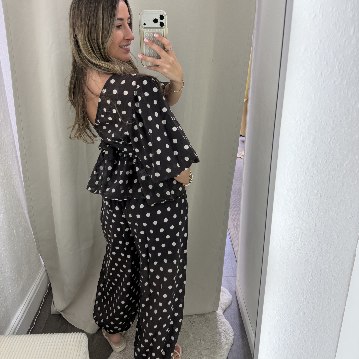 Polka Dot Peplum Top- brown/black