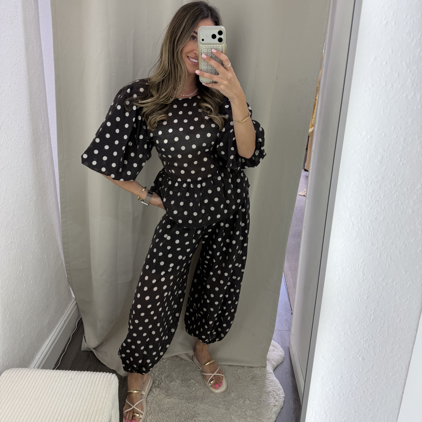 Polka Dot Peplum Top- brown/black