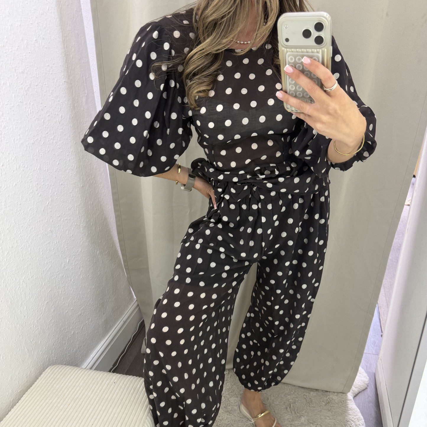 Polka Dot Peplum Top- brown/black