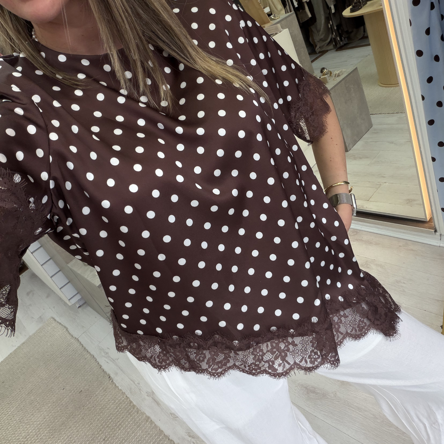 polka dot lace trim top