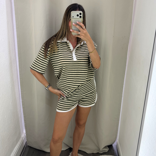 Khaki textured stripe shorts & top set