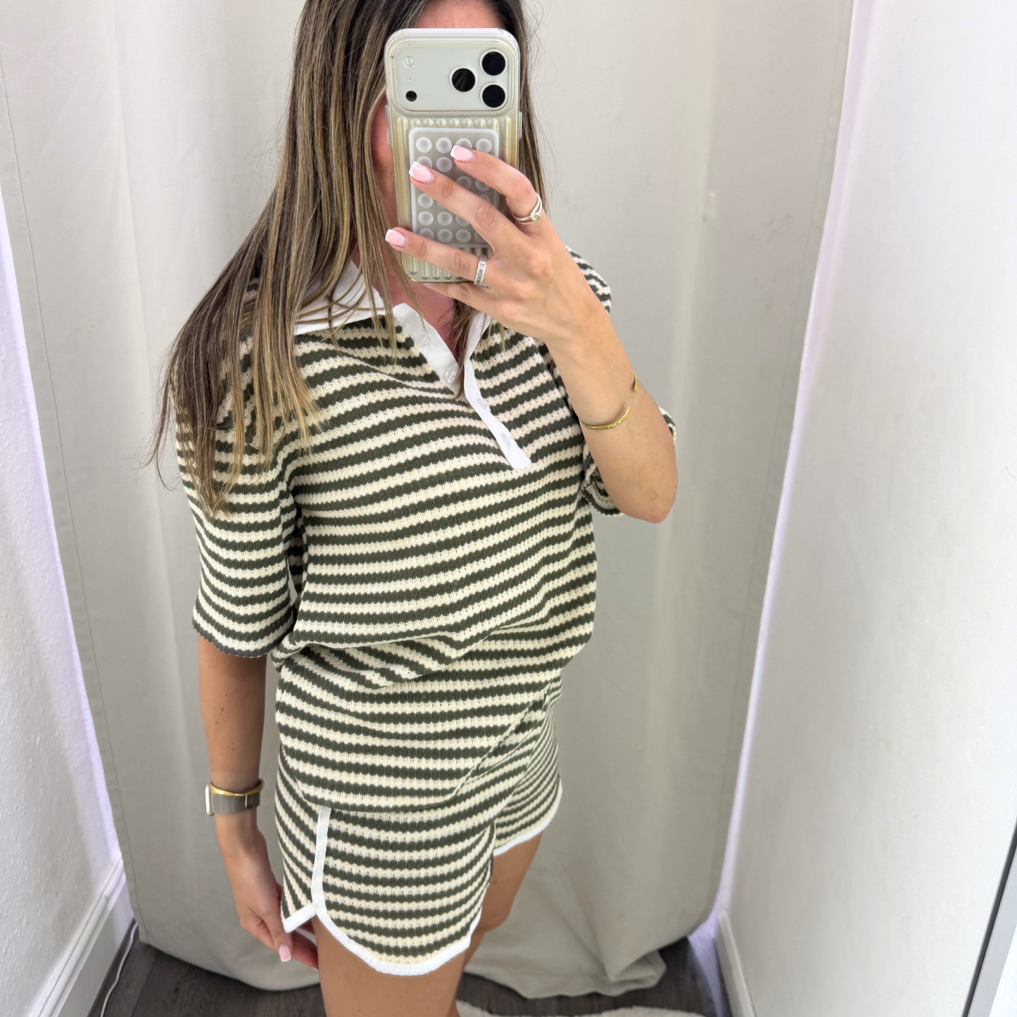 Khaki textured stripe shorts & top set