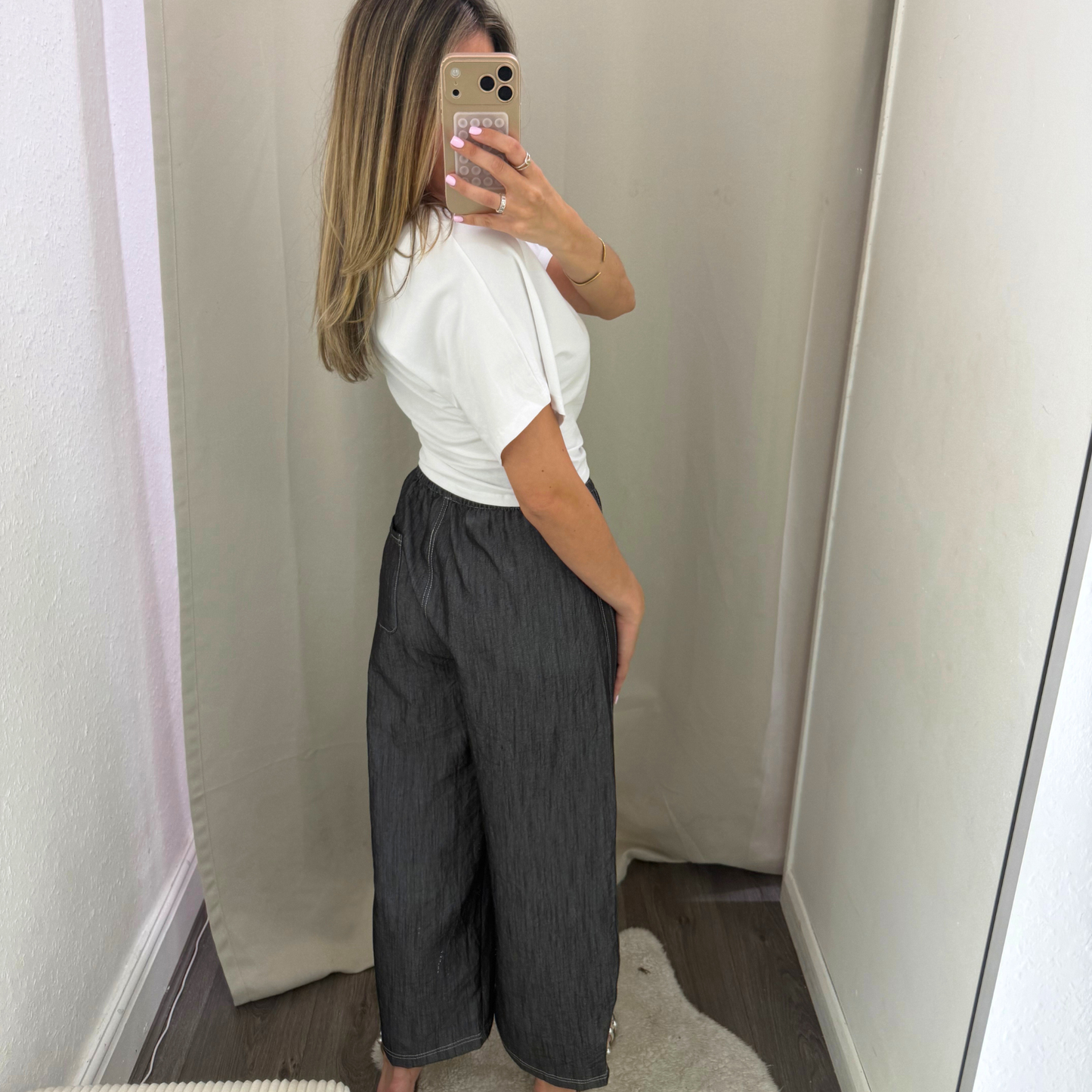 Chambray Wide Leg Drawstring Trousers