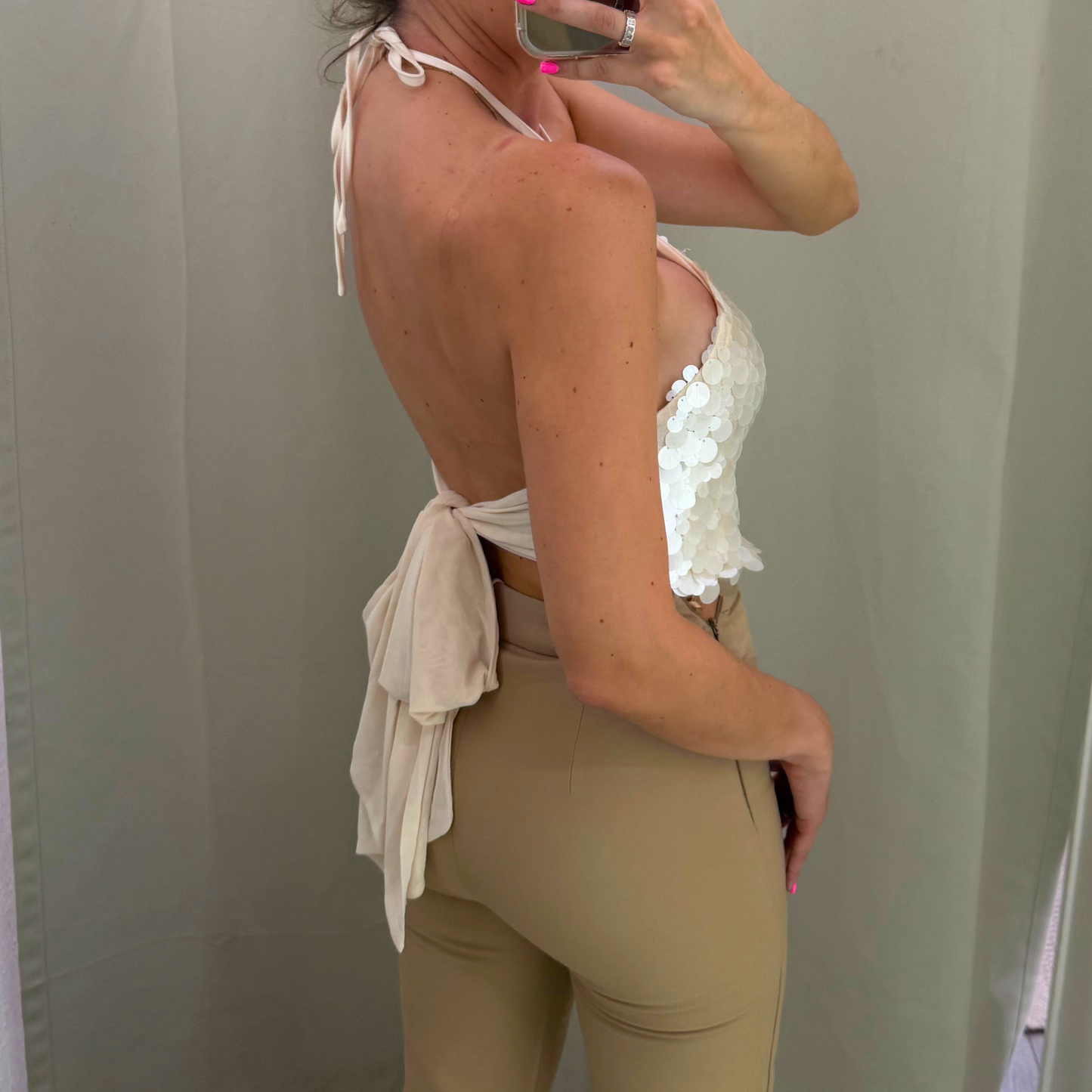 Cream Sequin Halterneck Tie Top