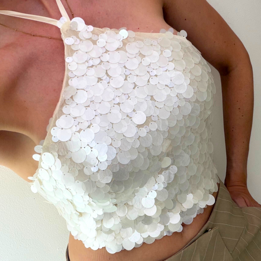 Cream Sequin Halterneck Tie Top