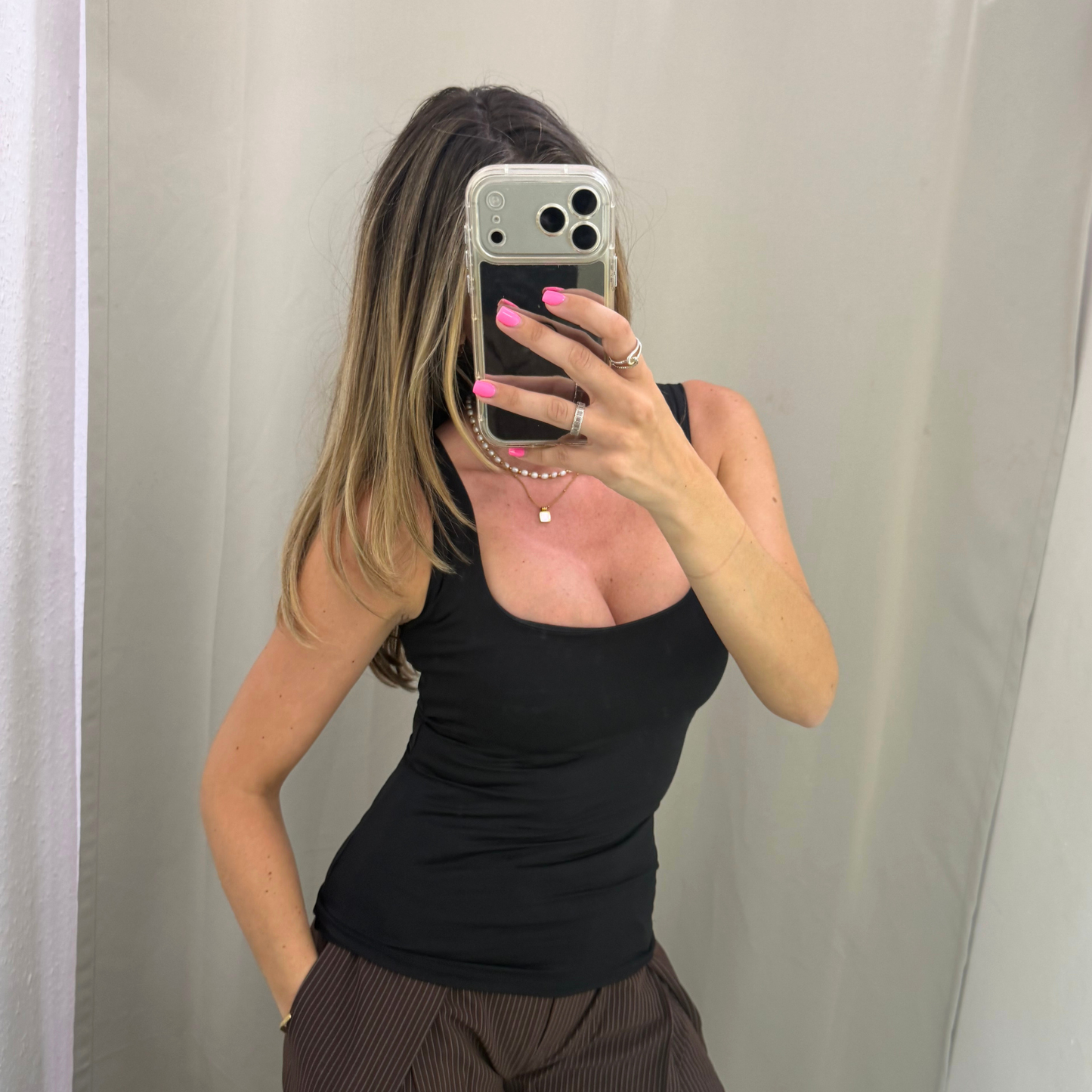 Double-Lined Square Neck Top; Brown, White, Black