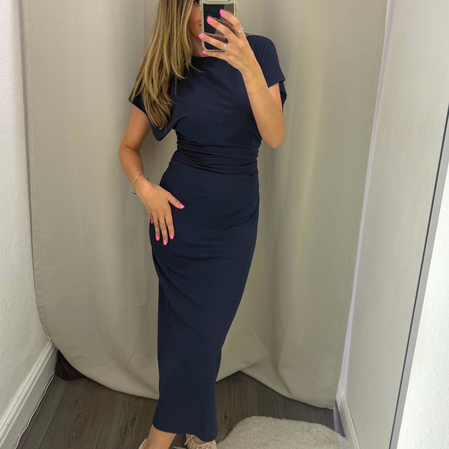 Navy Ruched Midi Dress