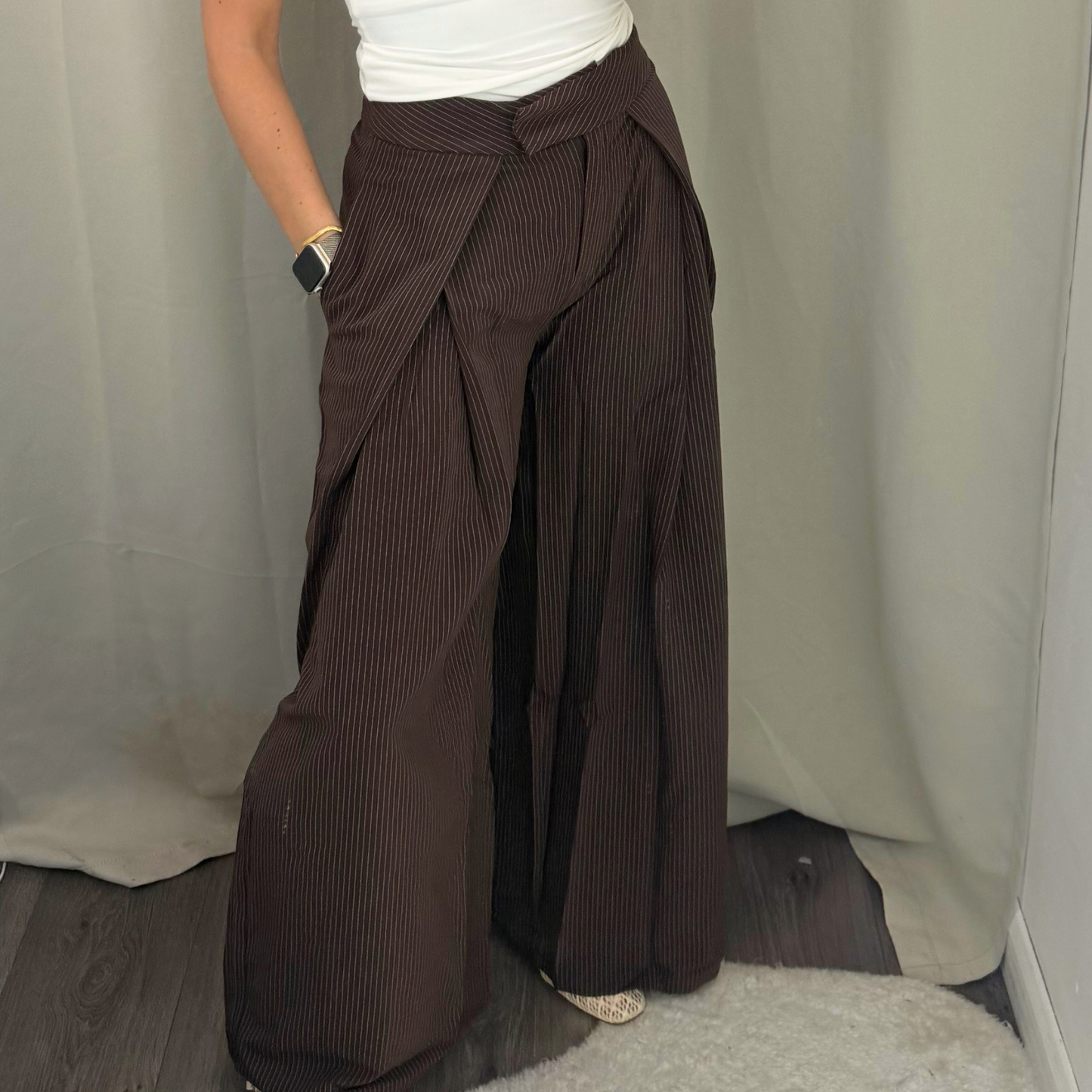 Chocolate Pinstripe Wrap Trousers