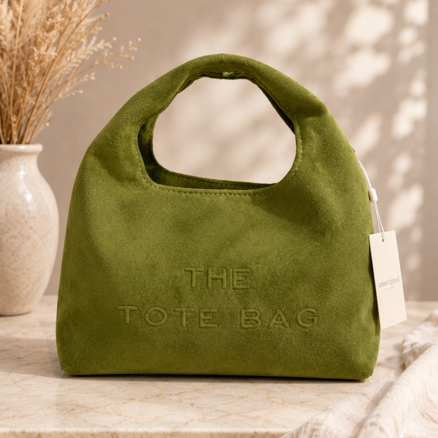 Faux suede mini Tote bag- green/ beige