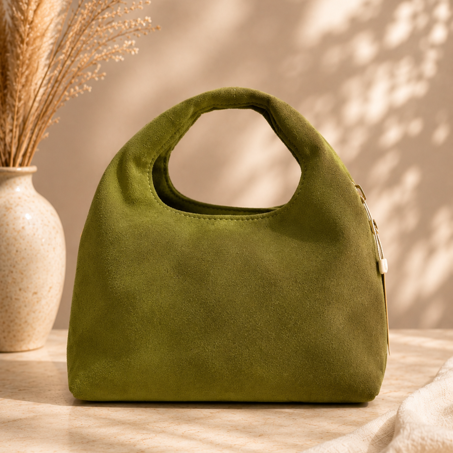 Faux suede mini Tote bag- green/ beige