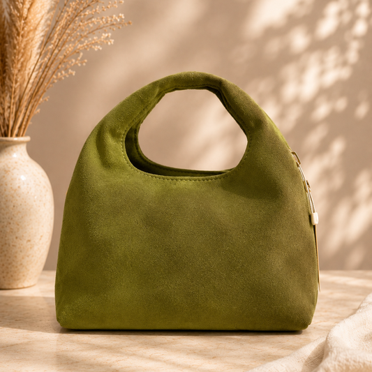 Faux suede mini Tote bag- green/ beige