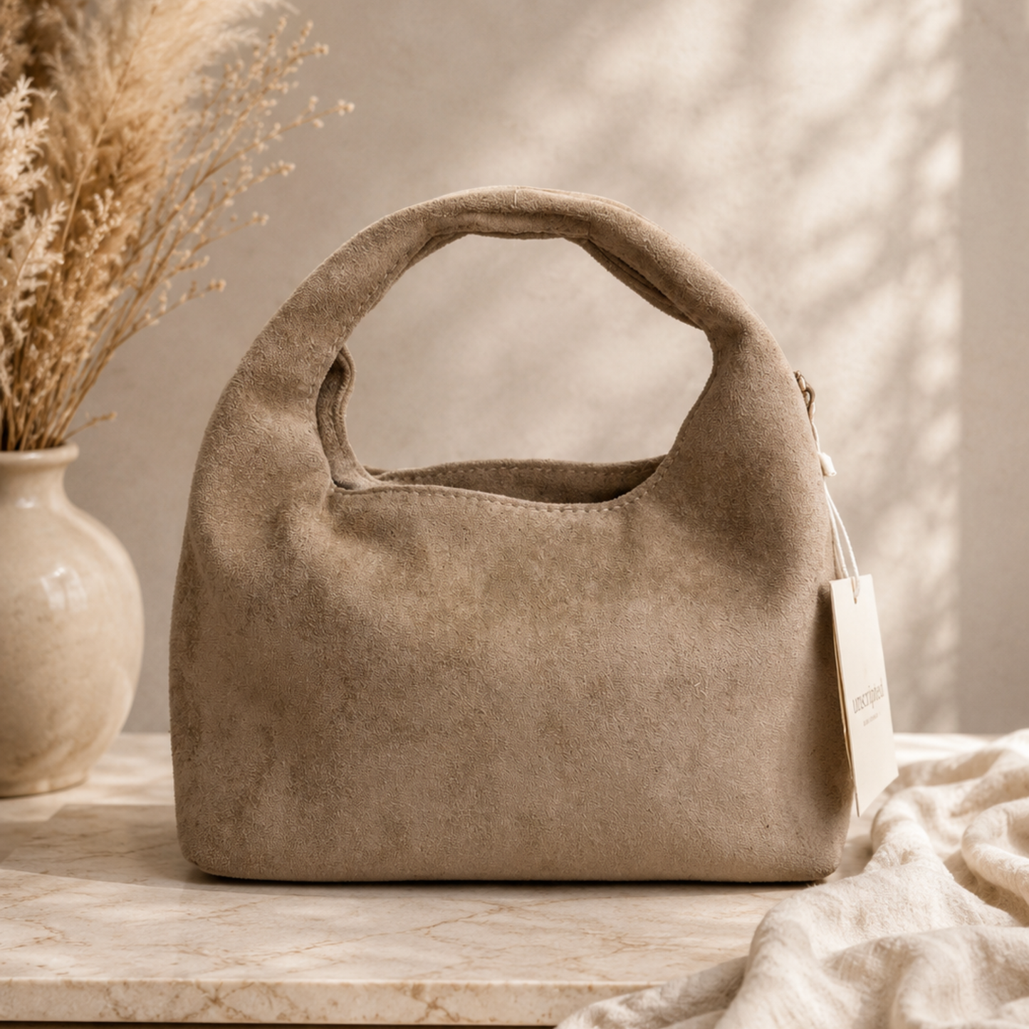 Faux suede mini Tote bag- green/ beige