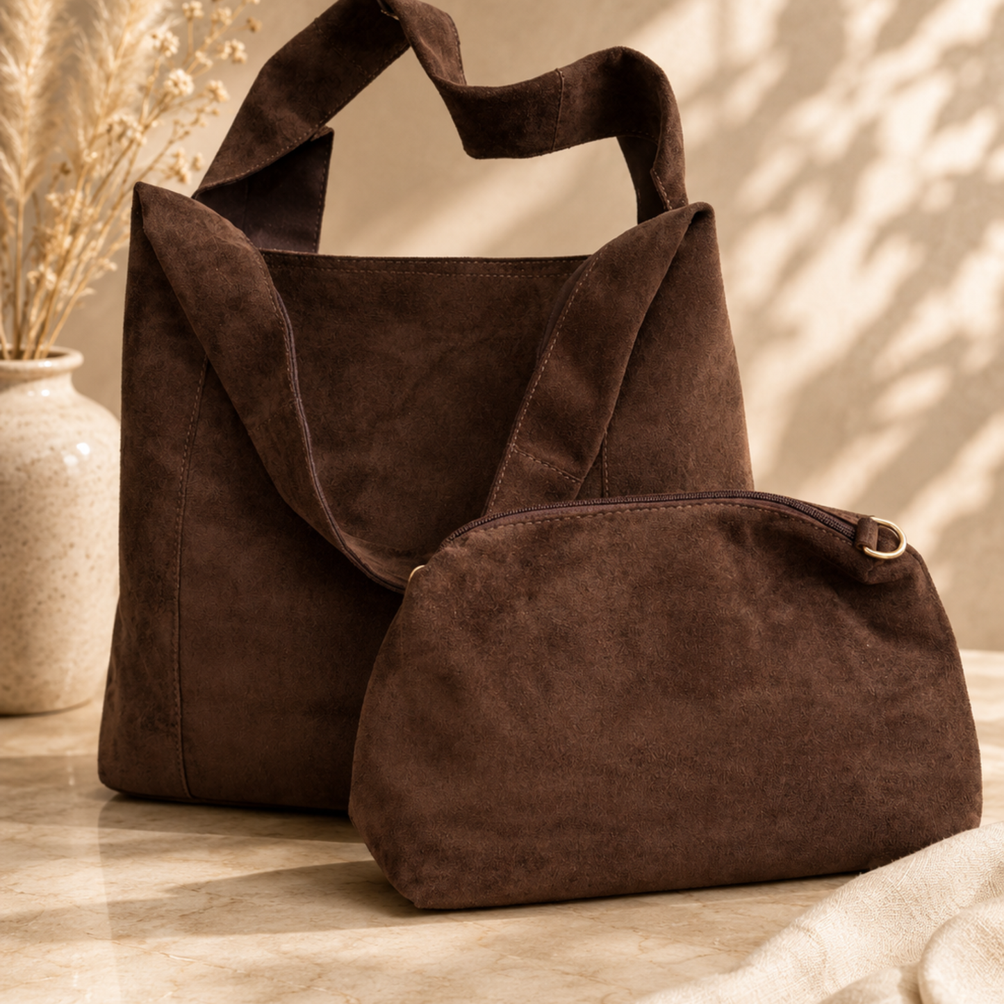 Faux Suede 2-in-1 Tote Bag