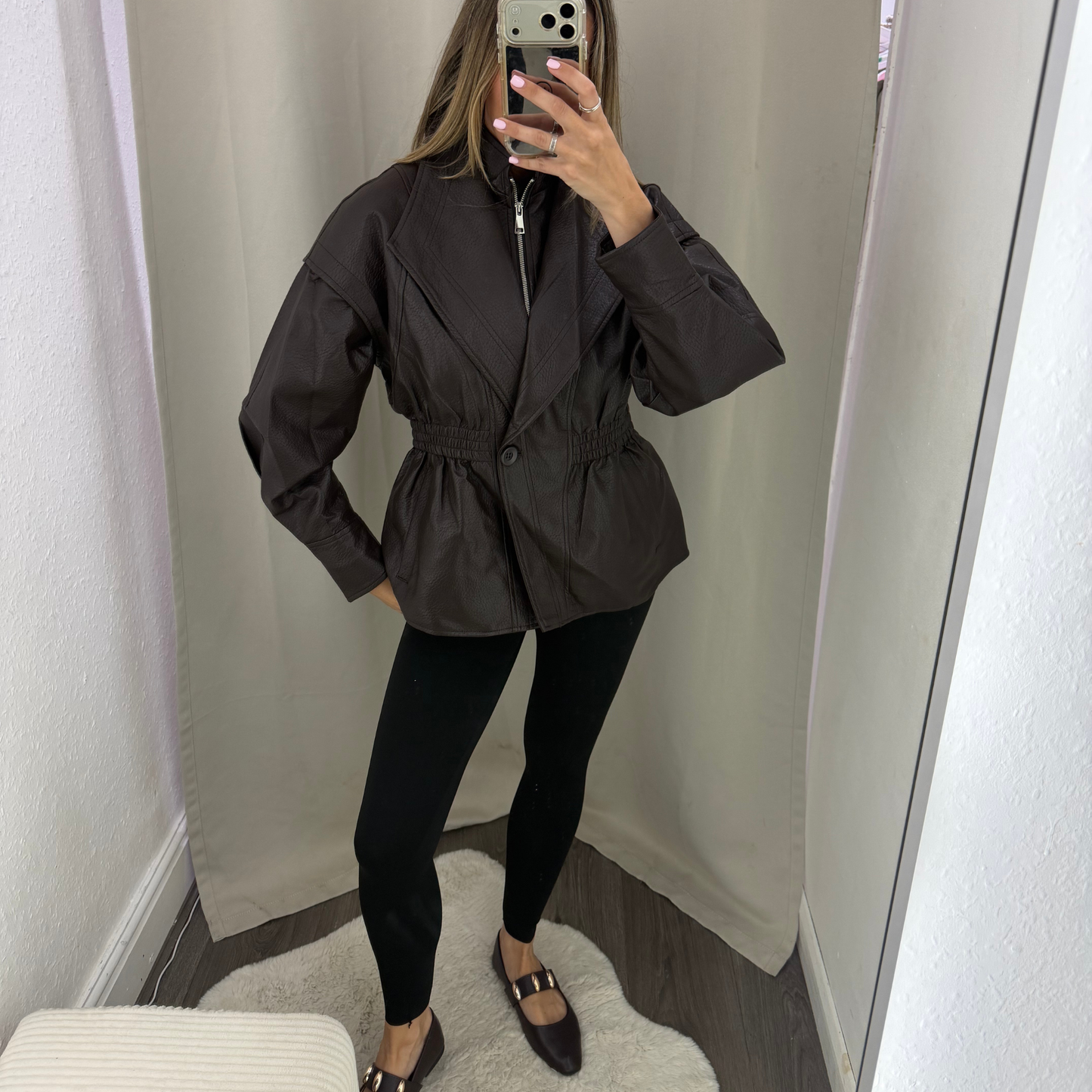 Faux Leather Cinched Waist Jacket
