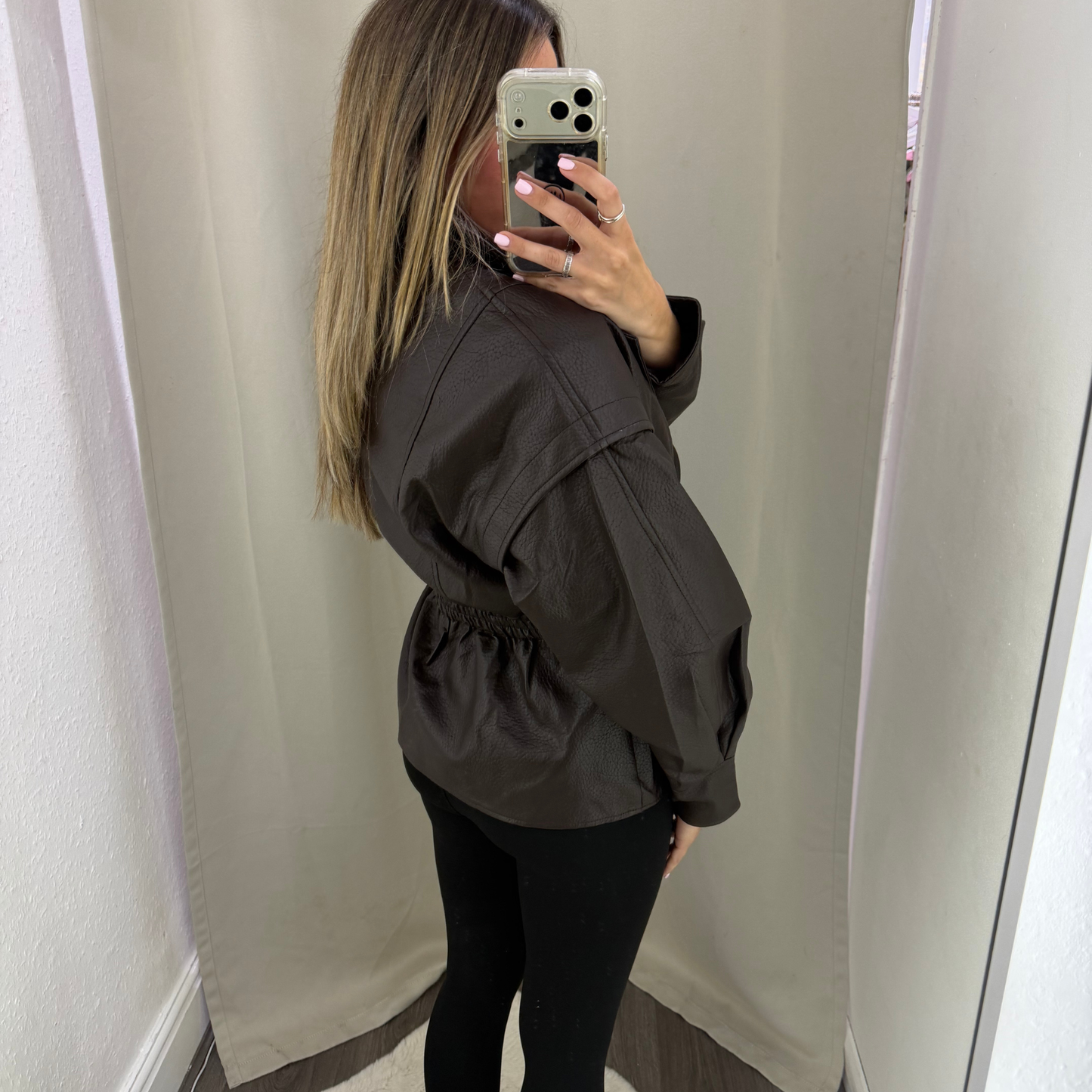 Faux Leather Cinched Waist Jacket
