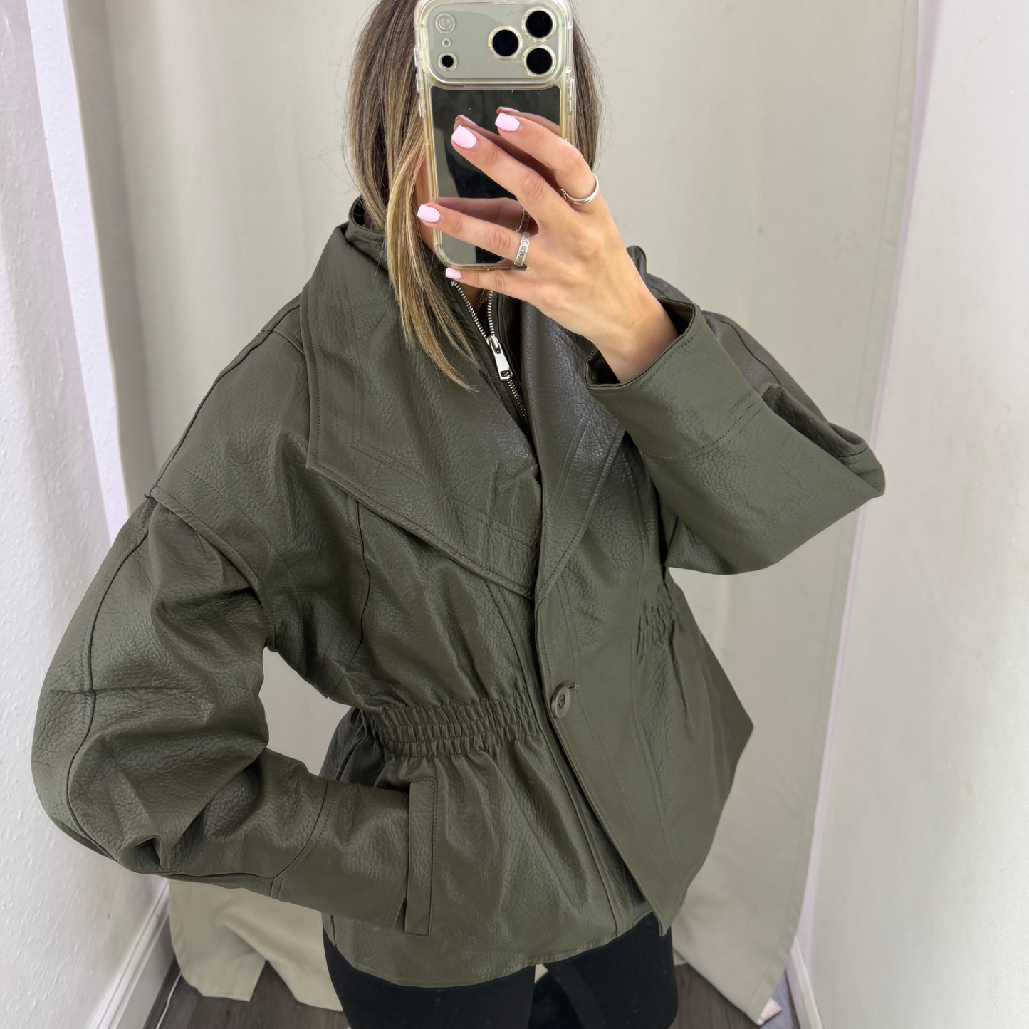 Faux Leather Cinched Waist Jacket