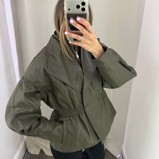 Faux Leather Cinched Waist Jacket