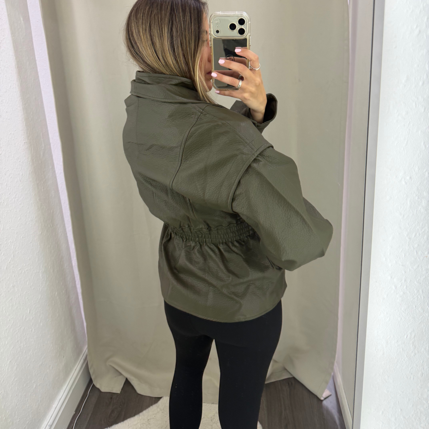 Faux Leather Cinched Waist Jacket