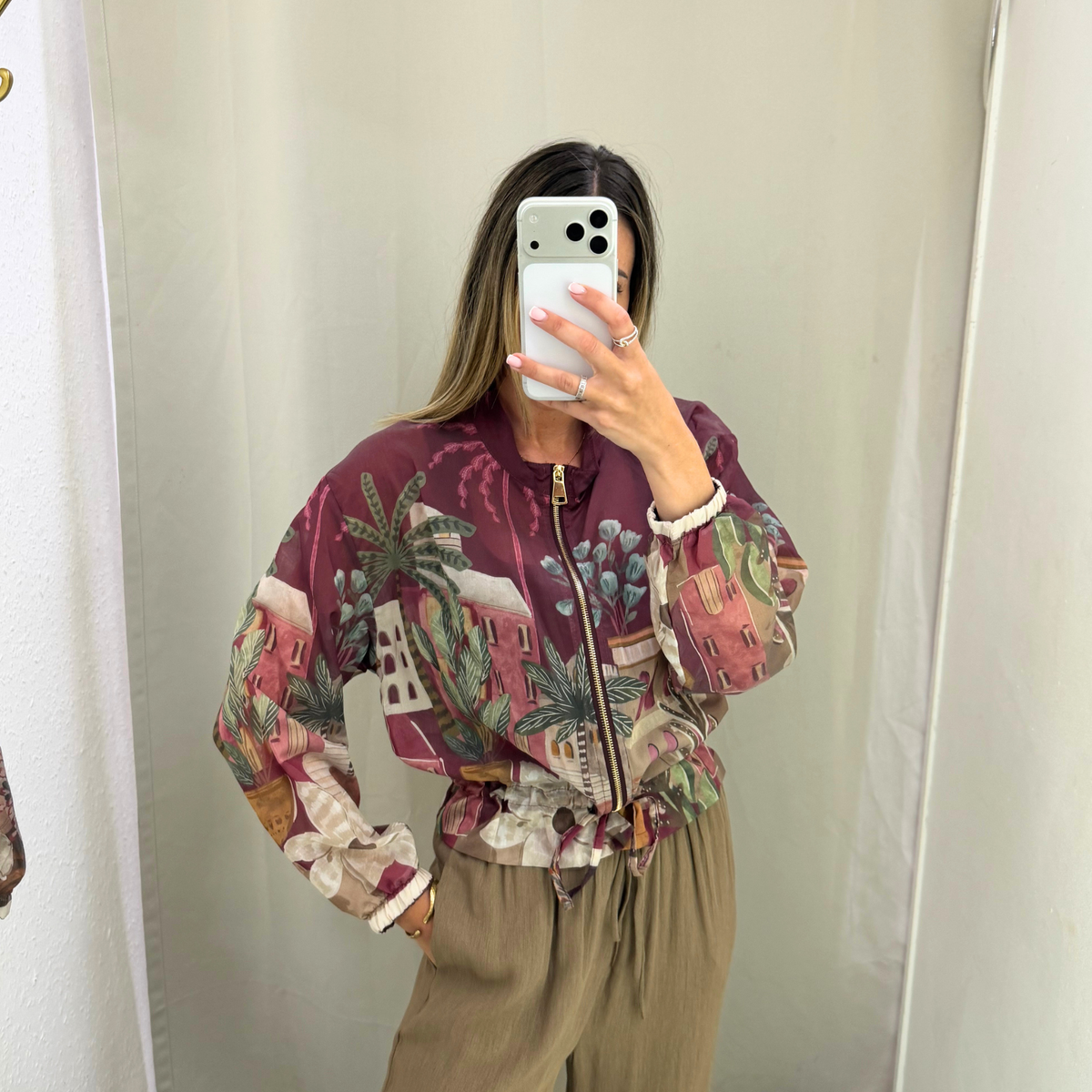 Printed sheer bomber jacket