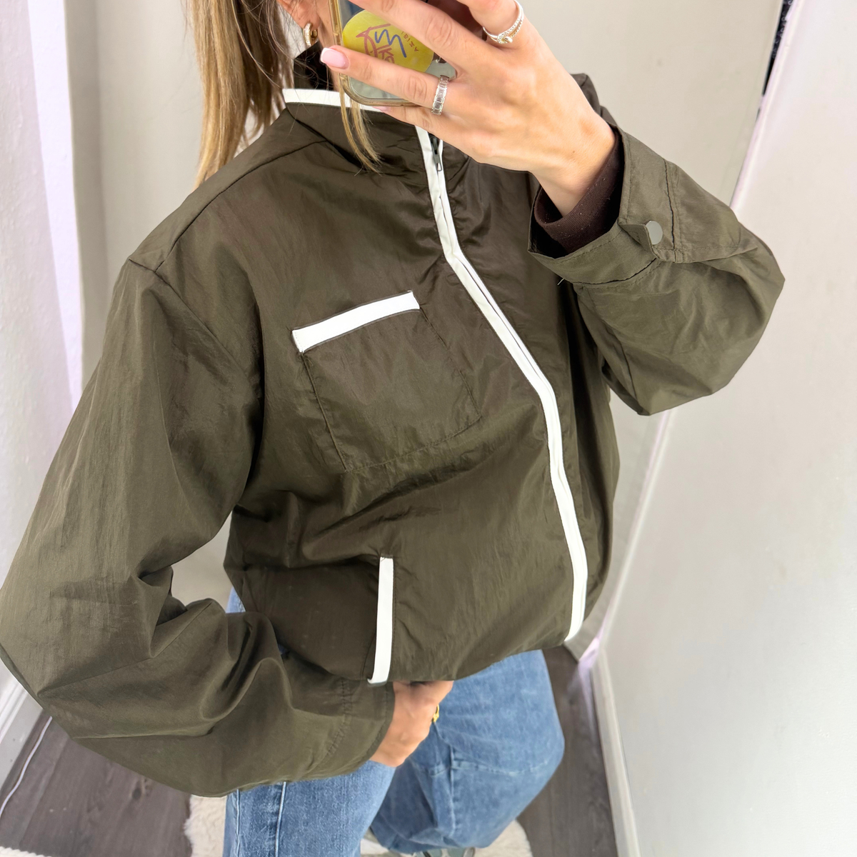 Khaki Contrast Trim Lightweight Bomber Jacket