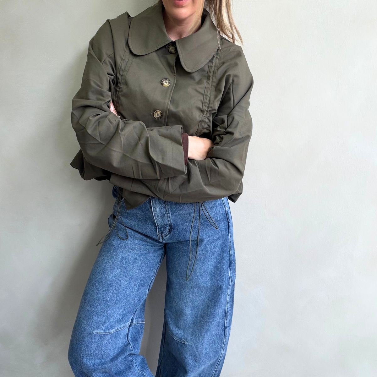 Khaki Ruched Detail Cropped Jacket