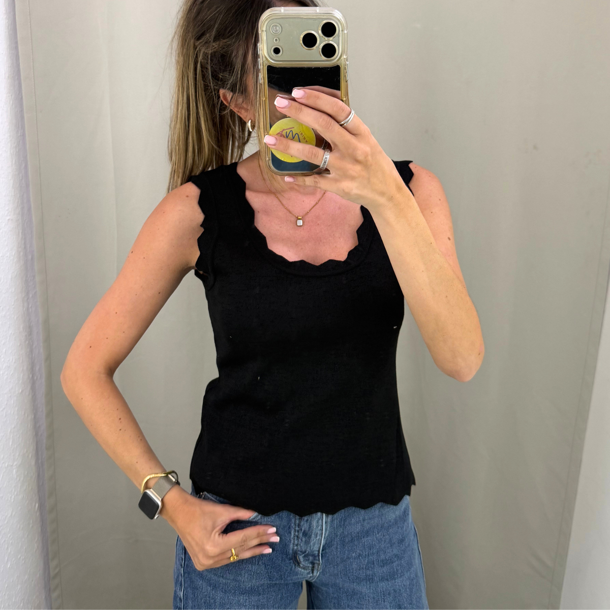 Metallic Scallop Edge Knit Tank Top
