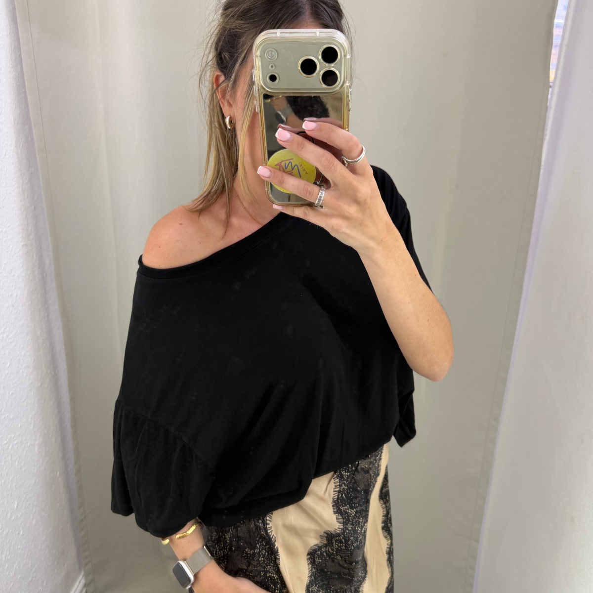 Black Oversized Off-Shoulder Draped Top