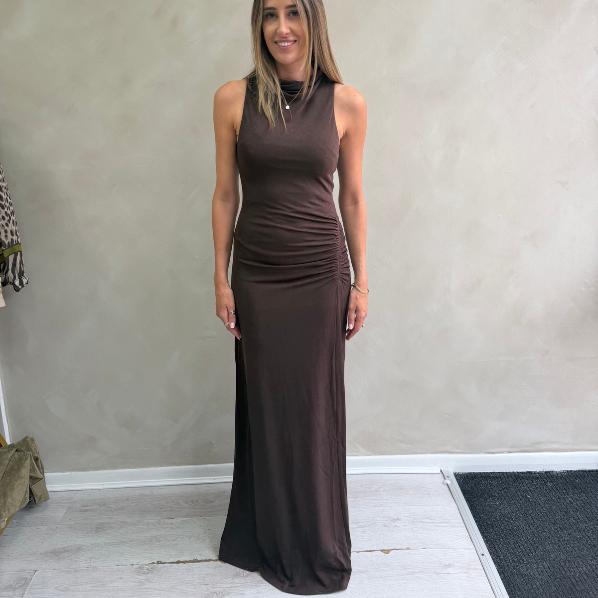 Chocolate Brown Ruched Maxi Dress