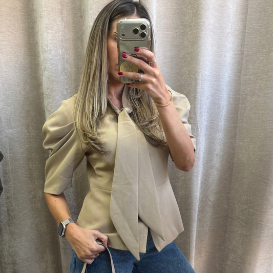 Beige or black Tie-Neck Puff Sleeve Blazer