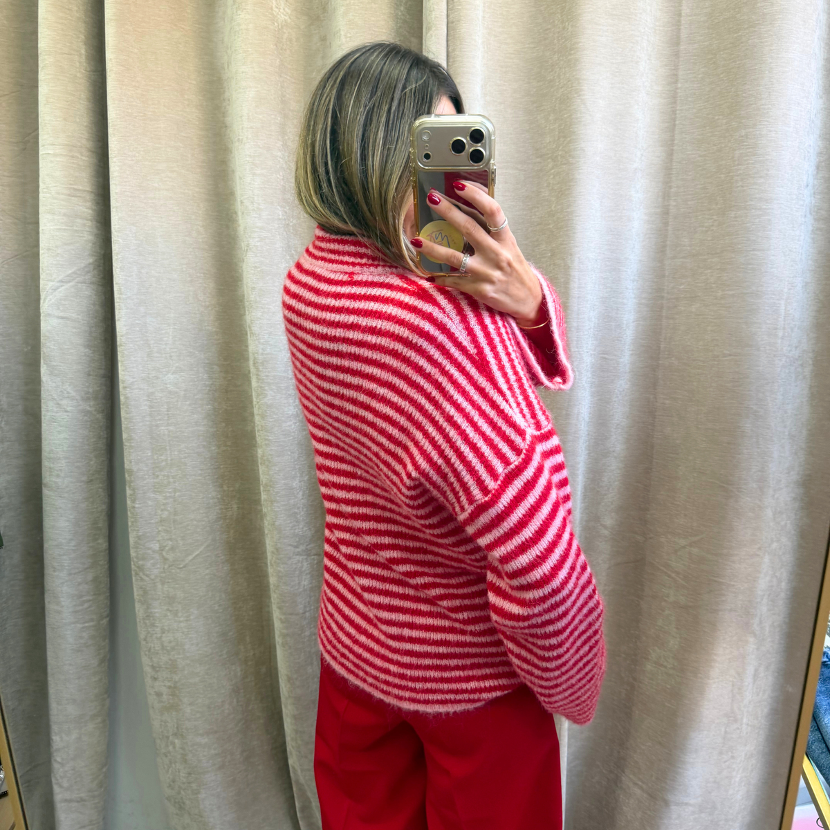 Burgundy & Pink Striped Fuzzy Zip-Up Jumper