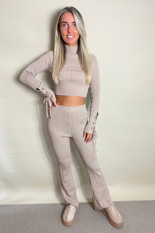 Beige Ribbed High Neck Blouse And Flare Trouser Set